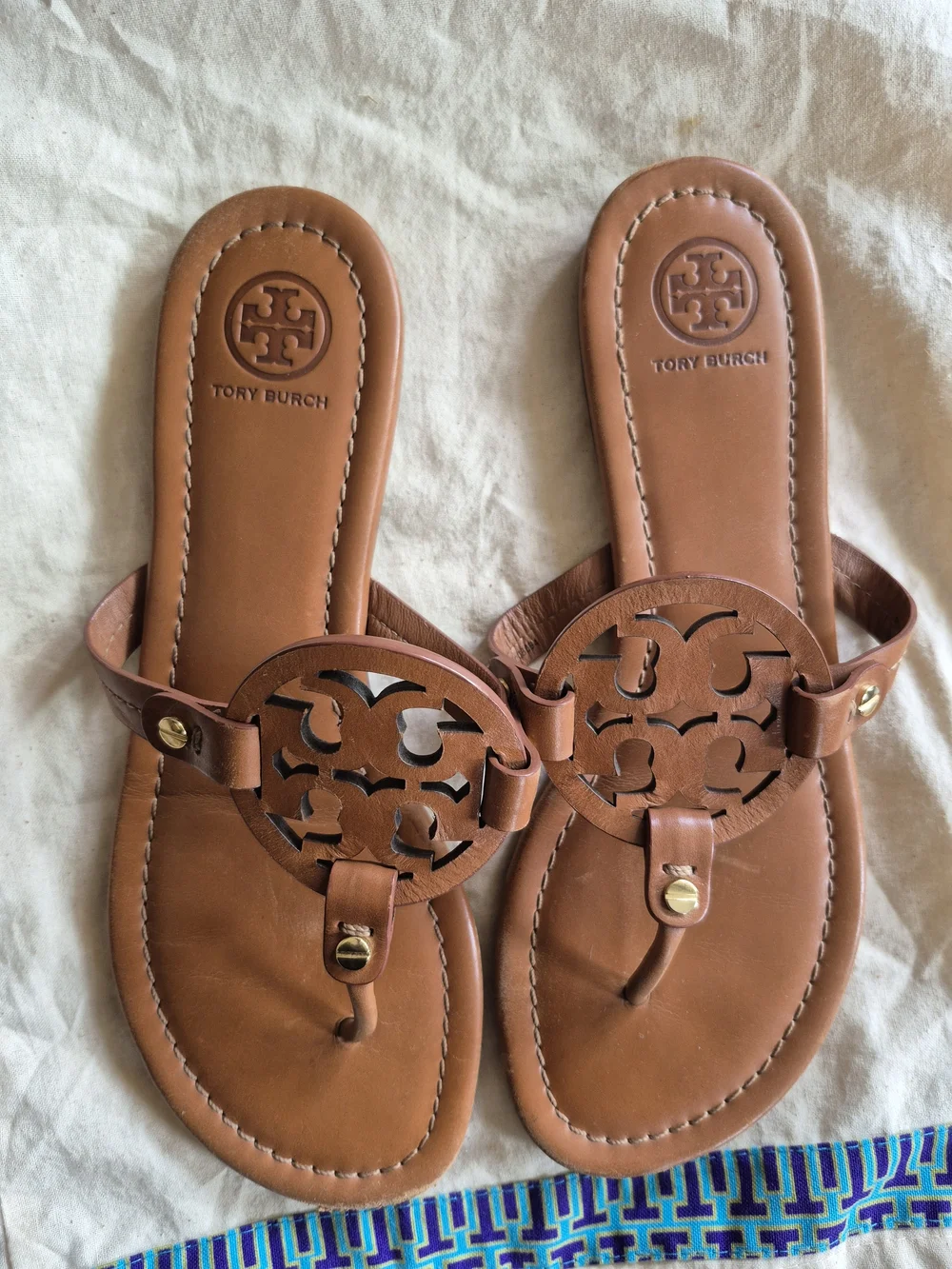 Tory Burch Brown Leather Miller Logo-Thong Sandals